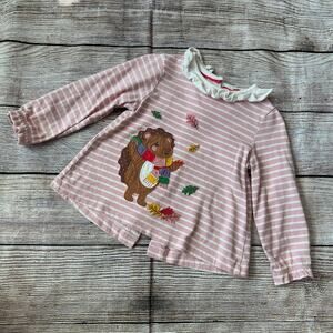 Baby Boden Hedgehog Appliqué Ruffle Collar Long Sleeve Striped Shirt (9-12M)